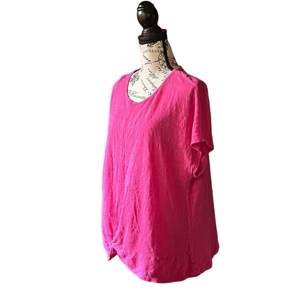 Rachel Ray Hot Pink Cap Sleeve Boxy Knot Hem Pullover Barbie Linen Tee Shirt 1X - Picture 2 of 9
